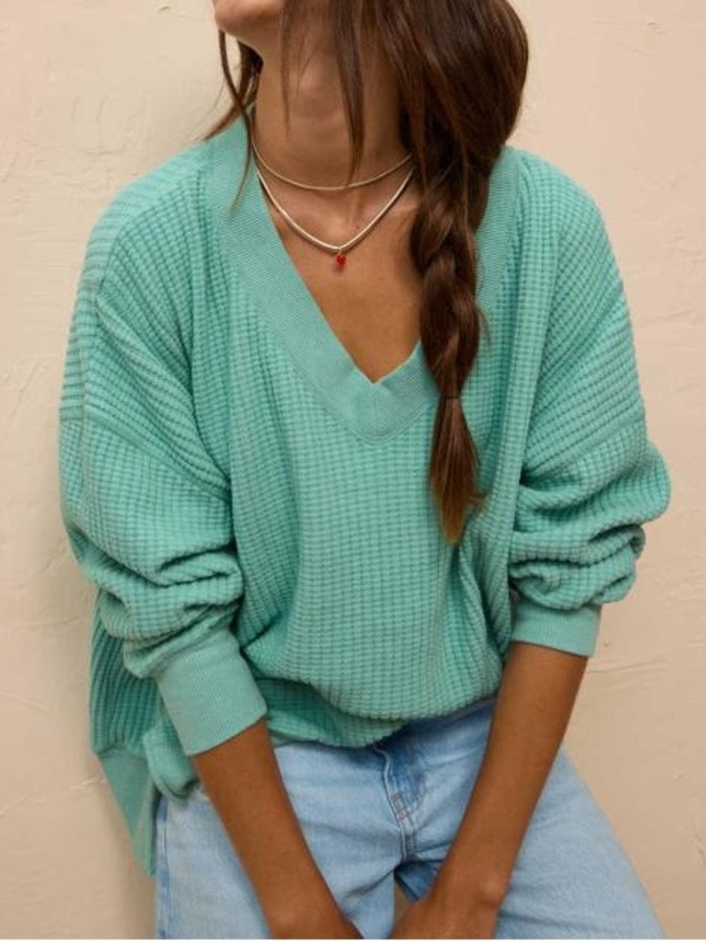 American Eagle Waffle Knit Sweater S Women Loose Fit Green V-Neck Cozy Top